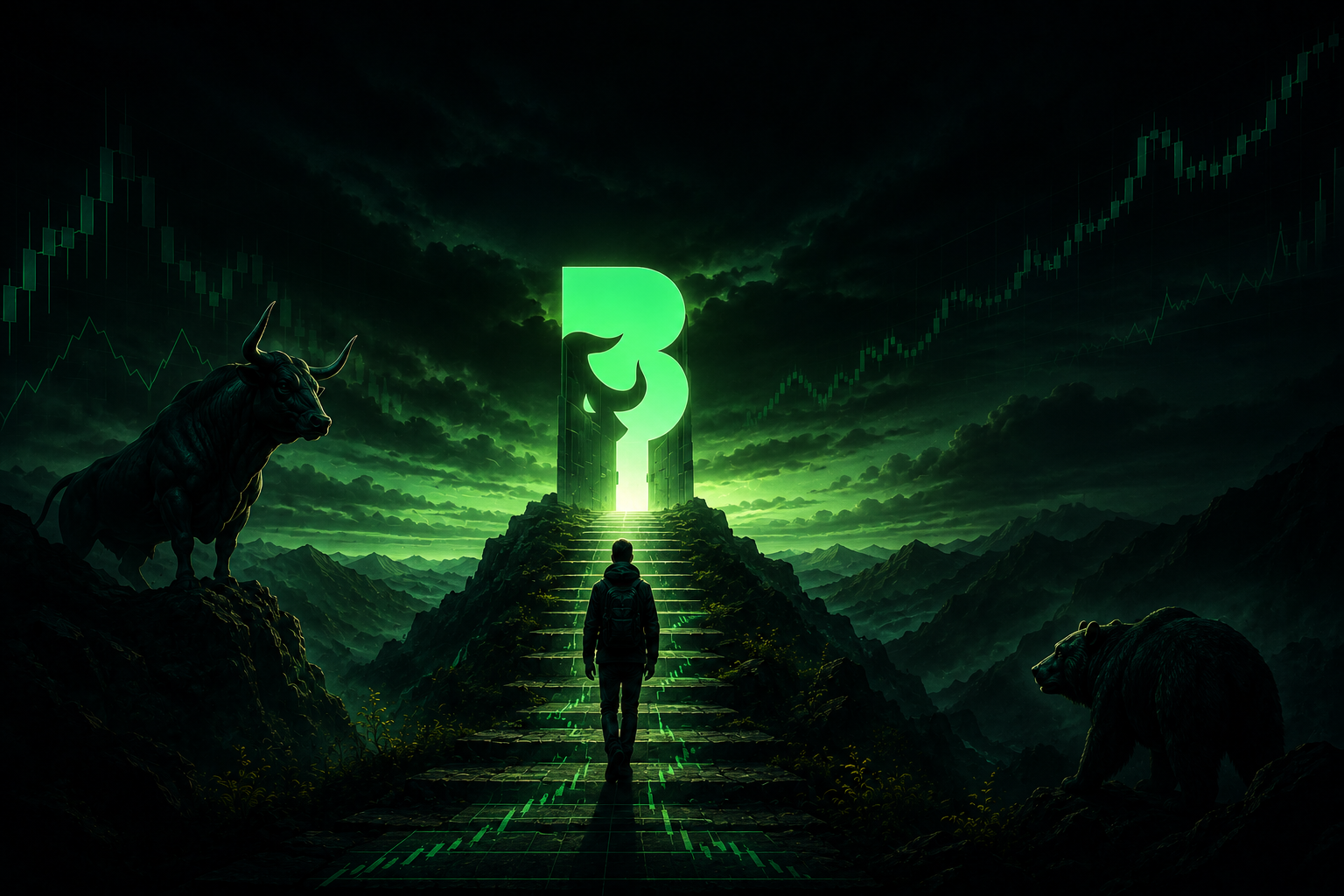 Trader ascending stairs toward glowing markets